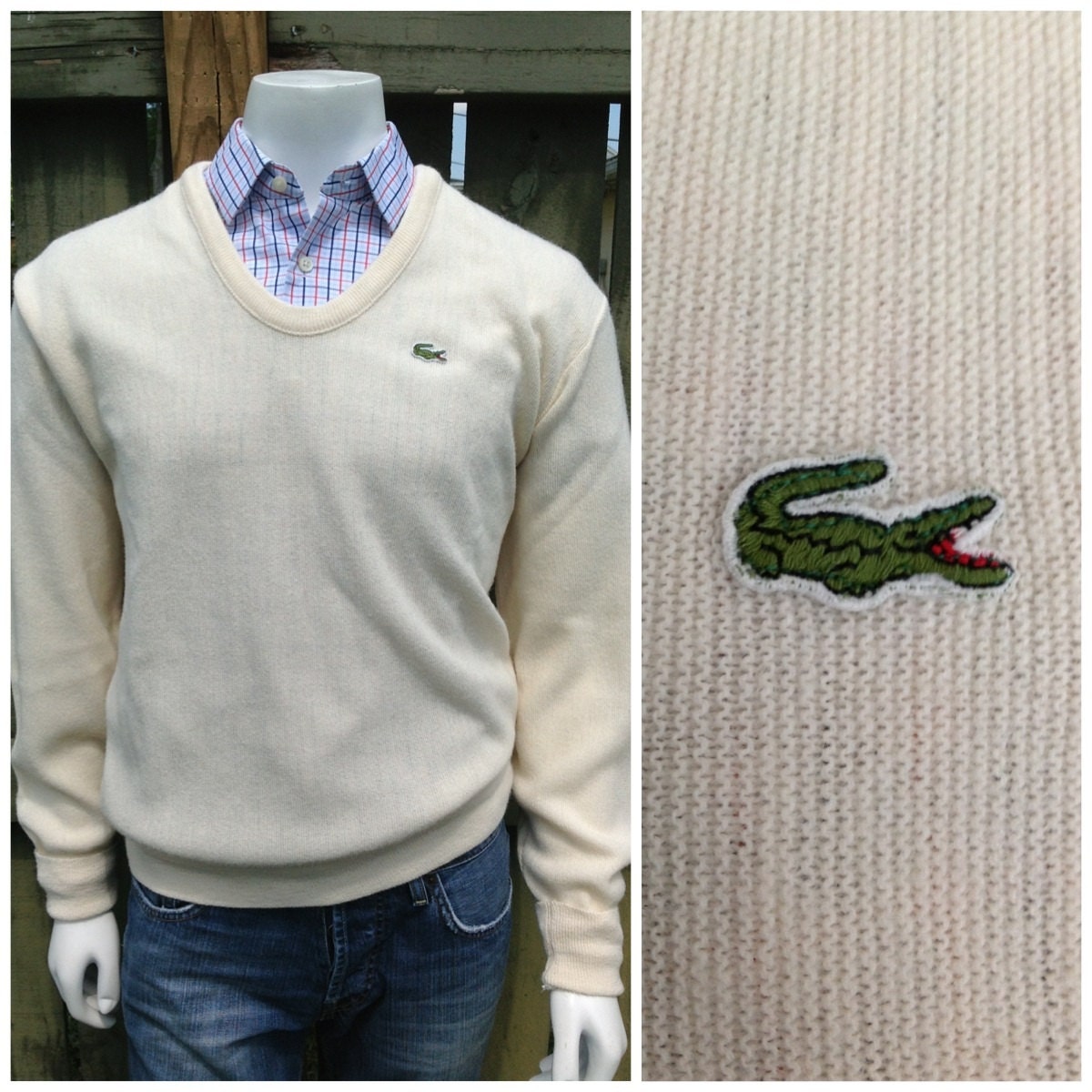 VINTAGE 1970's izod lacoste pull-over ivory v-neck sweater - preppy - ivy league