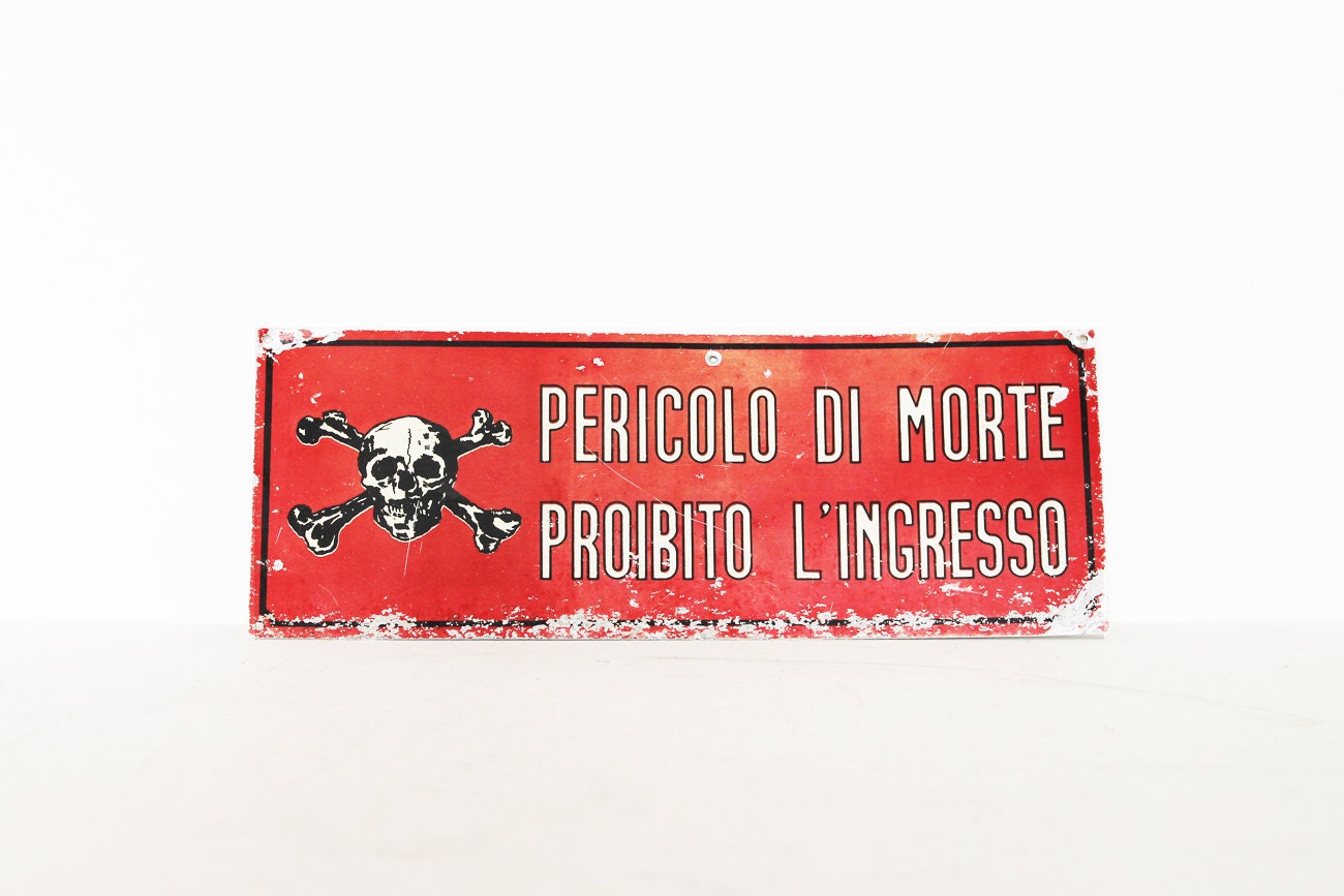 Vintage metal sign industrial Italian red skull sign