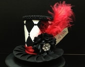 Black White and Red Mad Hatter Mini Top Hat. Great for Birthday Parties, Photo Prop, Bachelorette Party, Girls Night Out and Much More...