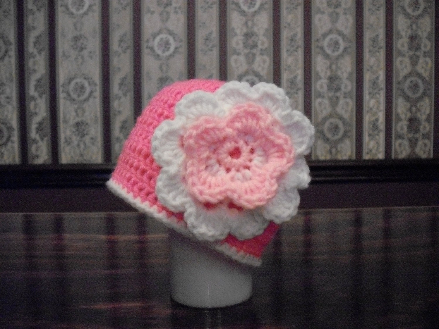 CHOOSE SIZE Toddler Child, Hot Pink, Light Pink, White Flower Beanie Hat, Photo Prop, Winter Girl Hat, Easter Hat, Spring Hat, Pastel Pink
