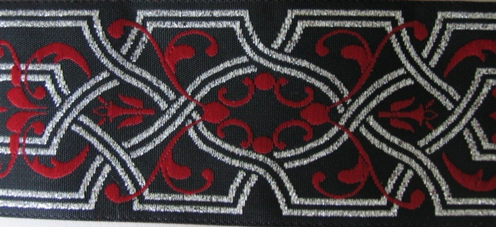 Sulieman Dog Collar, Jacquard Ribbon Red, Silver and Black Dog Collar, 1.5" Adjustable Made to Order