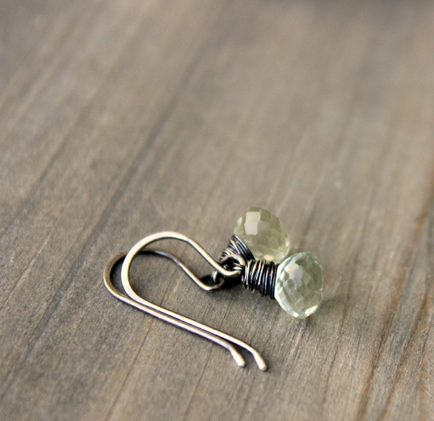 Pond  Green Amethyst Wire Wrap Earrings Sterling Silver Onion Briolette February birhtstone