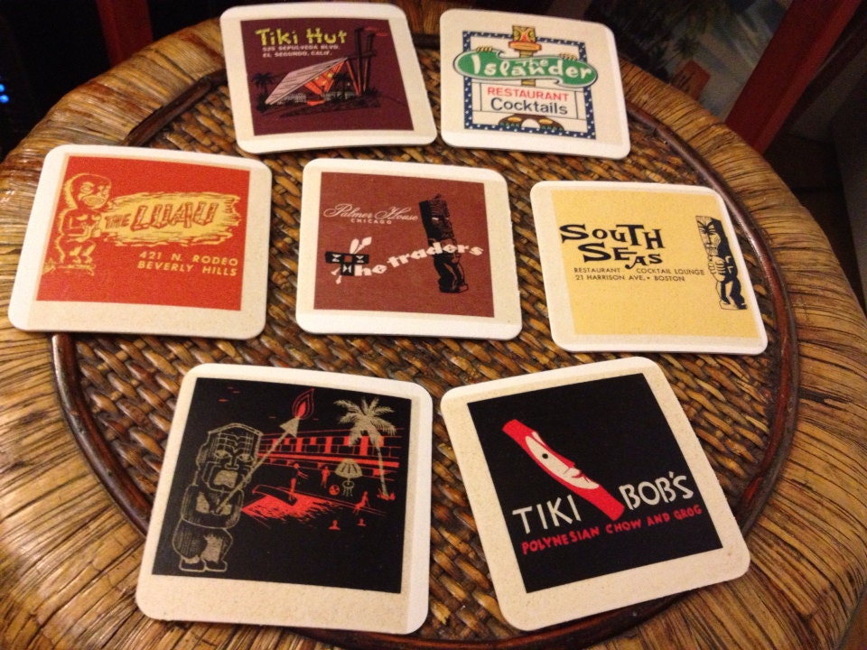 Set of 7 Cocktail Coasters printed with vintage tiki bar matchbook cover art.