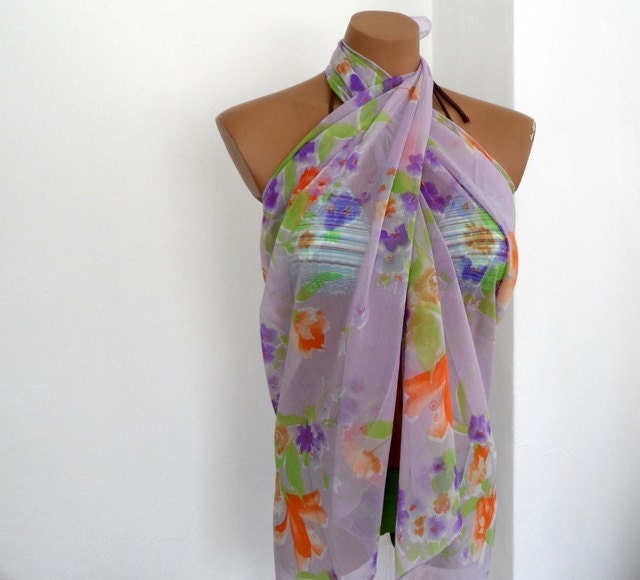 Purple Scarf Pareo, Floral Long Pareo Scarf, Summer Scarf
