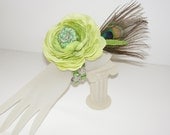 BROOCH Jeweled Bracelet Wrist CORSAGE, Peacock, Chartreuse Peony Silk Flower, OOAK