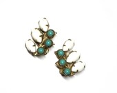 Vintage Turquoise Flower Bud Earrings, White Leaves, Ear Climbers, Retro, Botanical, Southwest Style