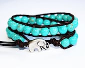 Elephant Bracelet, Leather Beaded Wrap Bracelet 2x, Turquoise Blue, Elephant Jewelry, Lucky Jewelry -  Free Shipping