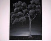 Raven Night Black Weeping Tree Original Oil and Mixed Media Painting 24x30 sunset surreal black and white