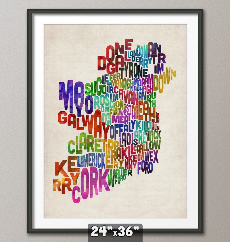 Ireland Eire County Text map, Art Print 24x36 inch (224)