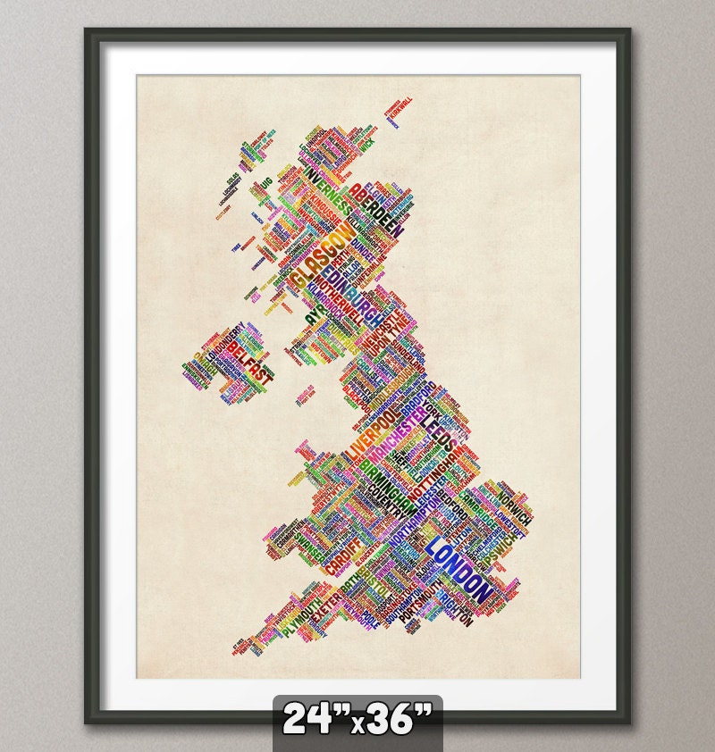 Great Britain UK City Text Map, Art Print 24x36 inch (300)