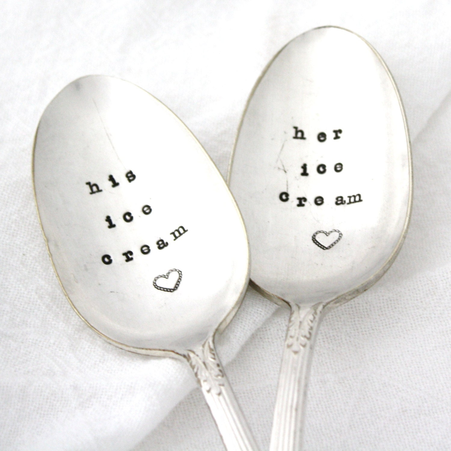 His Ice Cream and Her Ice Cream Spoon, set of 2 vintage hand stamped vintage silver spoons with hearts By MilkandHoneyLuxuries