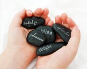 Word Stones, set of 5. Bliss, Splendor, Pleasure, Delight, Indulge. Laser etched natural black river rocks, inspirational gift idea.