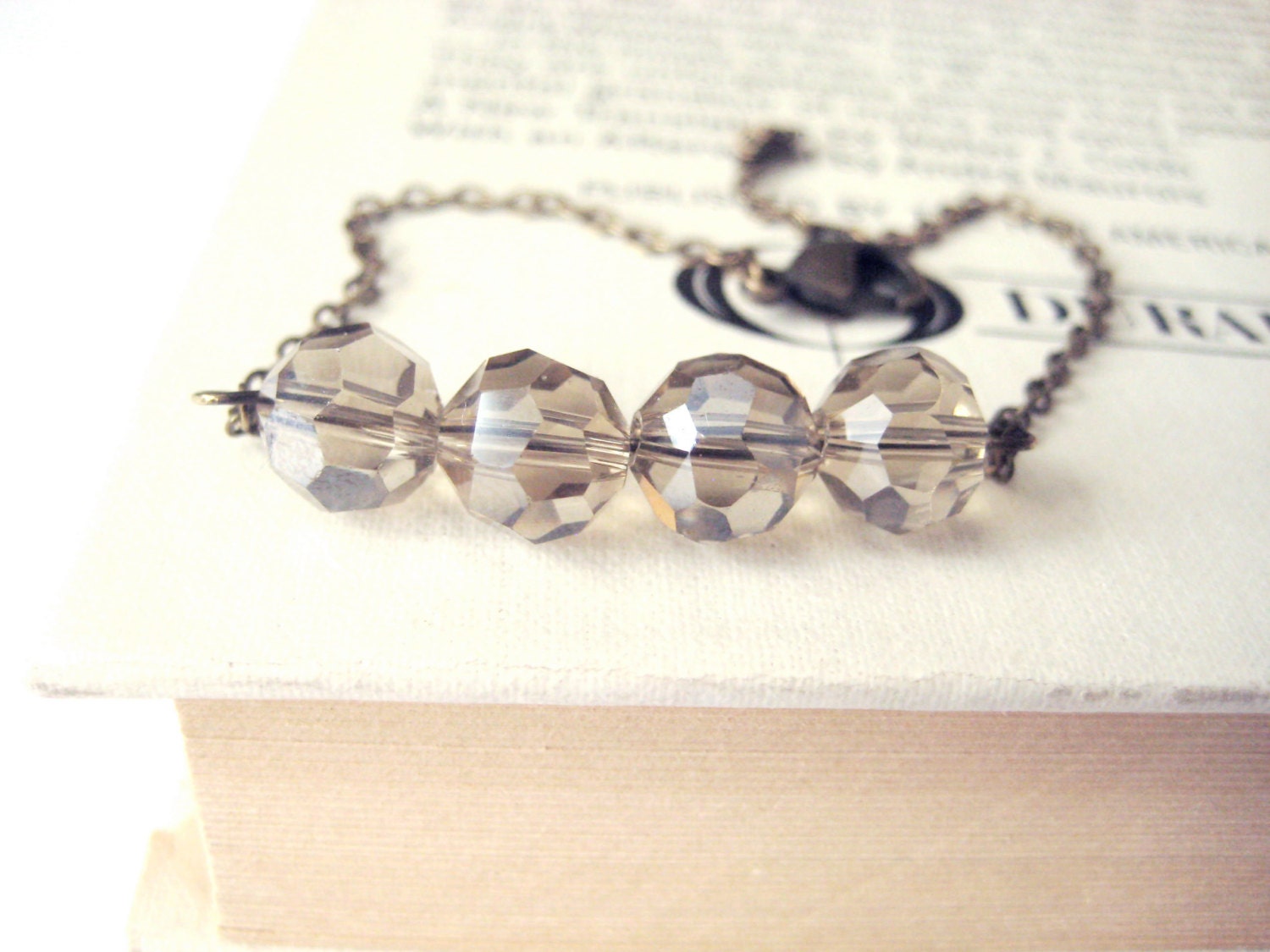 Simple Beaded Bracelet - tan, antique brass, small bracelet, single strand, delicate, understated