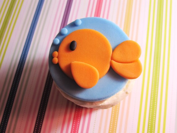 Goldfish Fondant Cupcake Topper for Fish themed under the water sea in aqua and orange Il_570xn