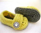 Spring Baby Infant Girl Shoes / Slippers / Booties - Grey & Yellow Jewel - YOUR choice size - (newborn - 12 months) - photo prop - children