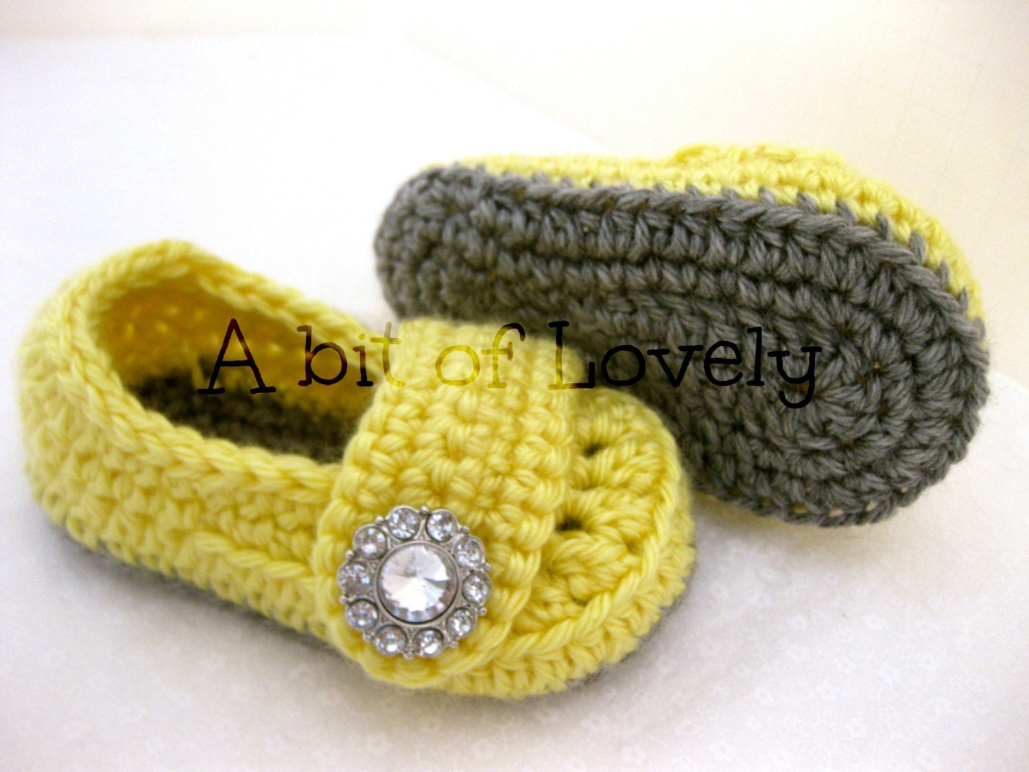 Spring Baby Infant Girl Shoes / Slippers / Booties - Grey & Yellow Jewel - YOUR choice size - (newborn - 12 months) - photo prop - children