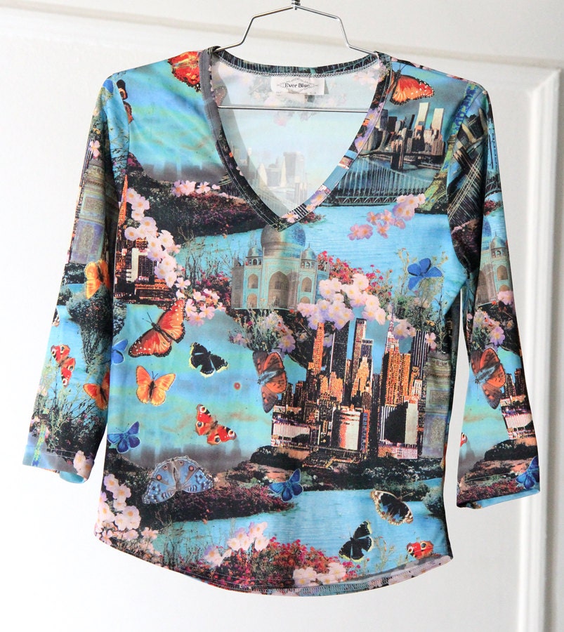 90s Photo Print Urban Scenic Butterfly Print V-Neck Shirt