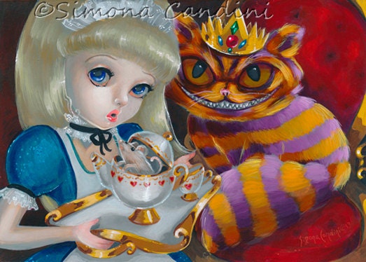 Alice In Wonderland And King Cheshire Cat SIGNED Mini PRINT Simona Candini Fairytale Big Eyes Lowbrow Art
