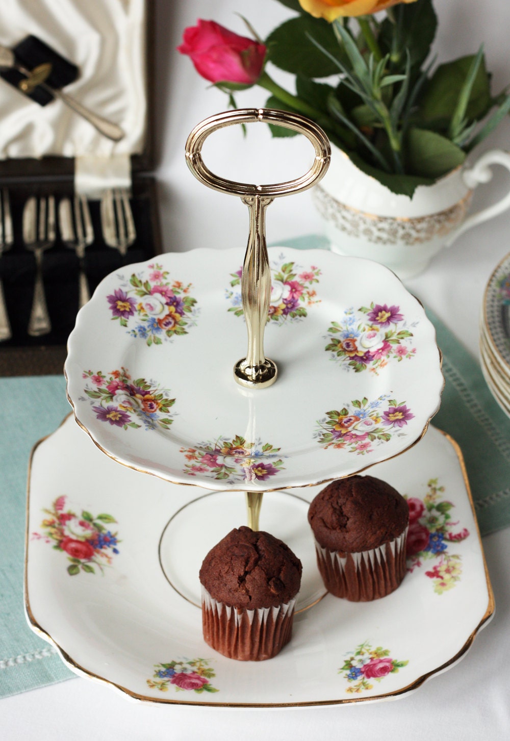 Sweet 2 tier cake stand / cupcake display: a lovely tea party centerpiece made from vintage English upcycled china