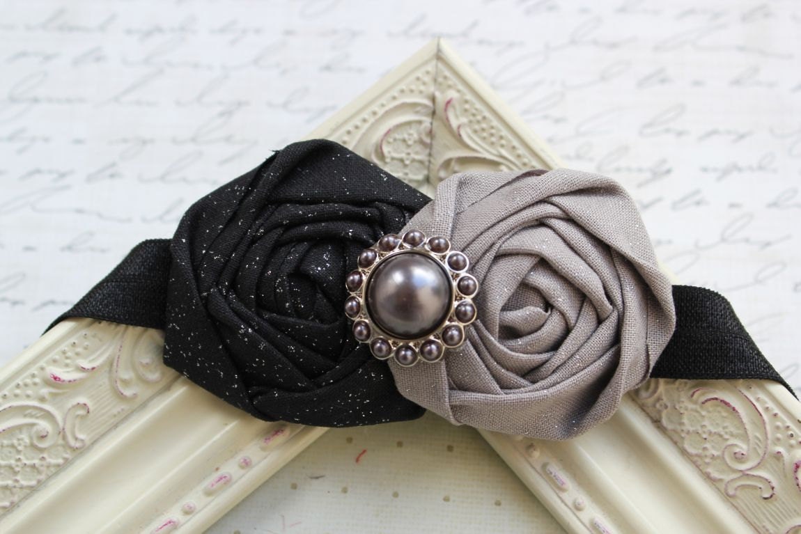 Twinkle, Twinkle- Sparkly Black and Grey rosette headband, headbands, newborn headbands, flower headbands, black headbands, photography prop