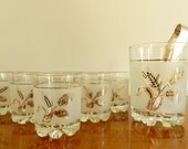 Vintage Cocktail Set Whiskey Glasses Mid Century Barware Frosted Glass Italy 6 Glasses Ice Bucket