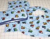 Baby Shower Gift Set - Burp Cloth, Bib and Covered Wipes Case - Light Blue Trains