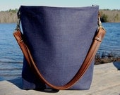 Linen Tote Bag/Navy/Hand Printed/Crabs/Handmade/Leather Shoulder Strap/Purse/Women/Accessories/Coastal/Maine
