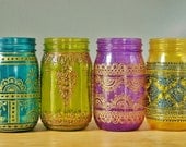 Set of 4 Moroccan Style Mason Jar Lanterns, Brilliant Spring Colored Glass with Henna Styled Accents