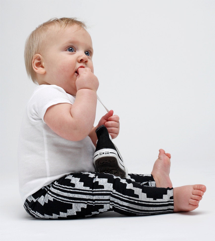 Hand Printed Organic 'Southwest' Baby Leggings in White on Black