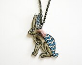 Rabbit Necklace / Chevron Necklace / Chevron Animal / Zig Zag  / Woodland / Desert Hare / Blue and White / Shrink Plastic Jewelry