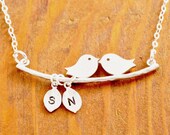 Personalized bird necklace - couple necklace, valentine's jewelry, love birds necklace, be my valentine, initialized necklace - MegusAttic