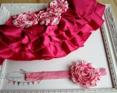 Baby Photo Prop Set - Hot Pink Satin Bloomers & Matching Headband - Hearts Love Valentine 6 - 18 months