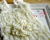 Baby Toddler Petti Romper Photo Prop - Cream/ Ivory with Matching Headband Pearl Rhinestone- Girl Infant Lace Ruffle Sizes up to age 5