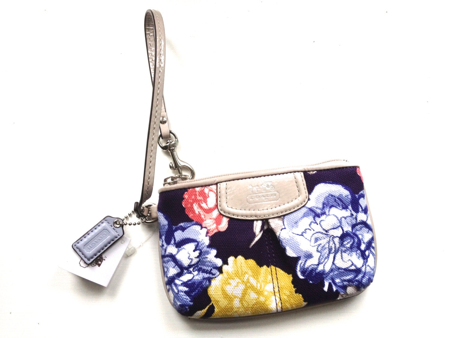 Wedding COACH Madison Floral Wristlet Handbag with Zipper in Tan, Navy, Gray, Blue, Yellow & Pink
