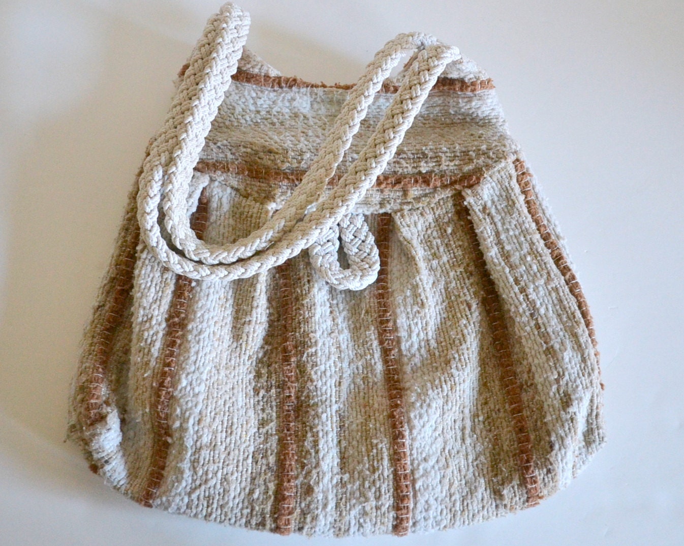 Vintage Carpet Bag Purse Handbag, Shoulder Bag. Fabric Inside. Cream, Brown, Tan, Off-White Repurposed