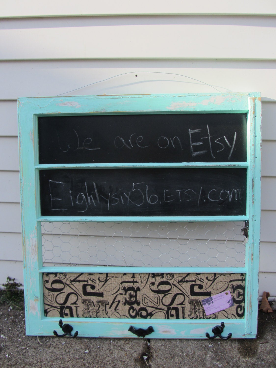 Reclaimed old window - Aqua Blue Distressed Frame - Chalkboard - Chicken wire - Burlap Cork Board - Hooks - Shabby Chic - Farmhouse Chic