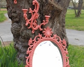 Vintage Ornate Syrocco style Coral Vvall  Mirror and Double Candle Sconces - Baroque - pink