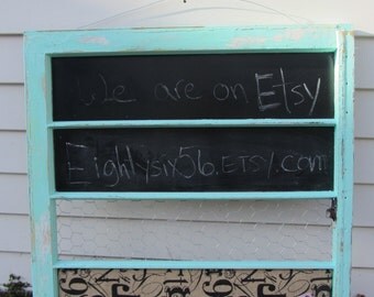 Reclaimed old window - Aqua Blue Distressed Frame - Chalkboard - Chicken wire - Burlap Cork Board - Hooks - Shabby Chic - Farmhouse Chic