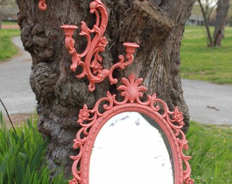 Vintage Ornate Syrocco style Coral Vvall  Mirror and Double Candle Sconces - Baroque - pink