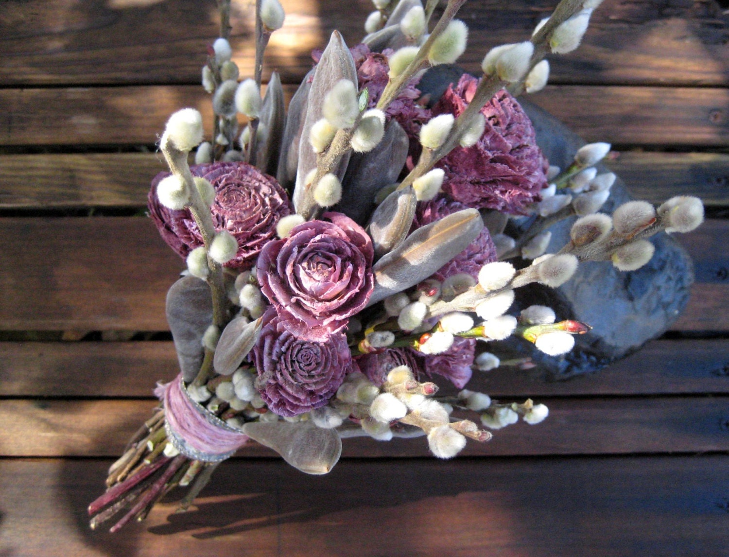 Washed Violet Spring Bridal Bouquet - Cedar Roses, Pussy Willow & Wisteria