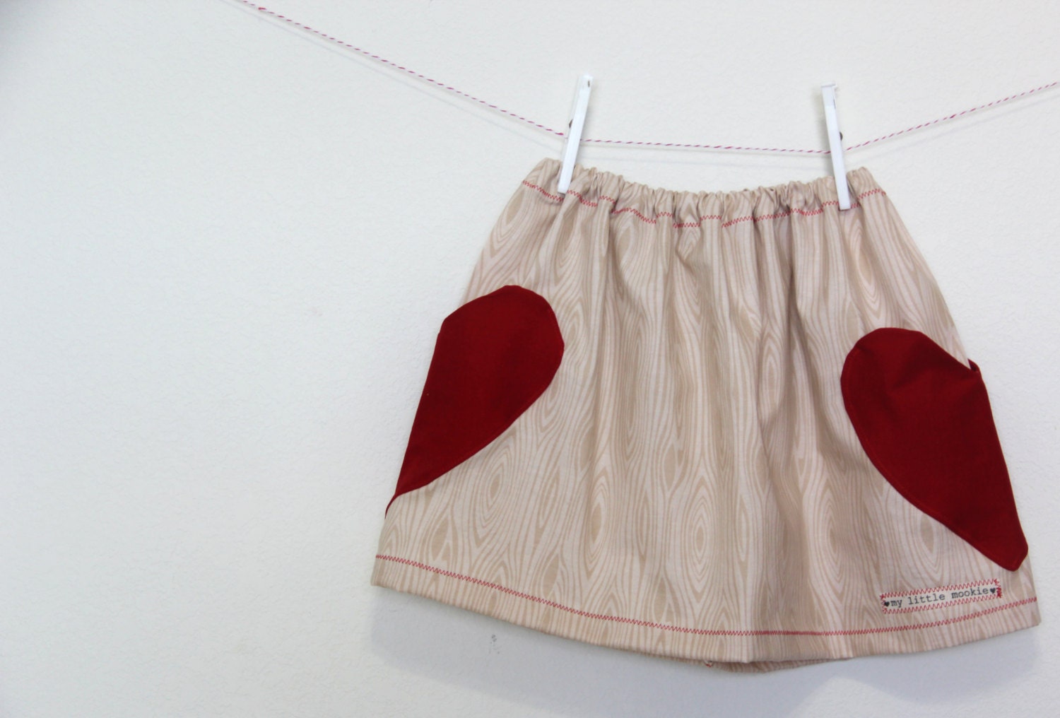 Valentines Skirt, Toddler Skirt with Hearts, Wood Grain Skirt with Heart Pockets