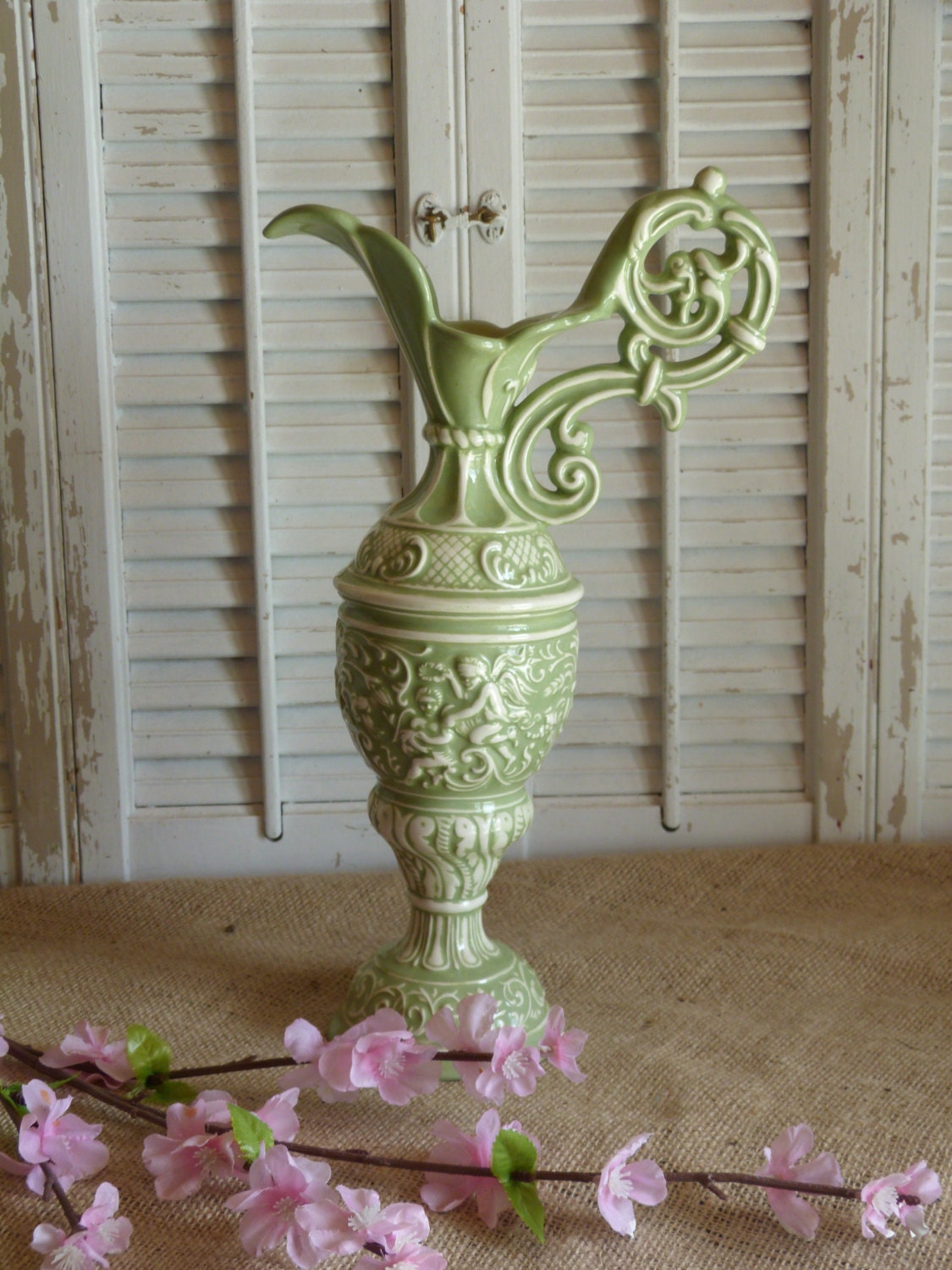 Vintage Cottage Chic Shabby Green Vase, Soft Green Ceramic Vase, Shabby Vase, Tabletop decor, Home Decor