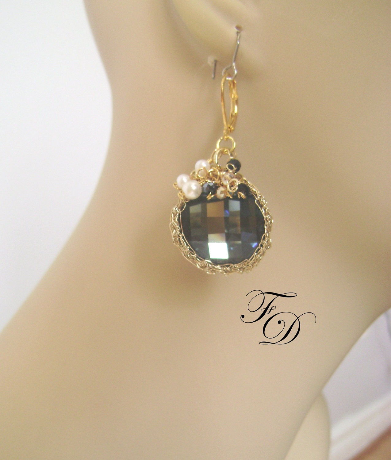 Swarovski and Pearls 14K Gold earrings,Wire Crochet earrings,Cluster earrings,Holiday sale , Black and white