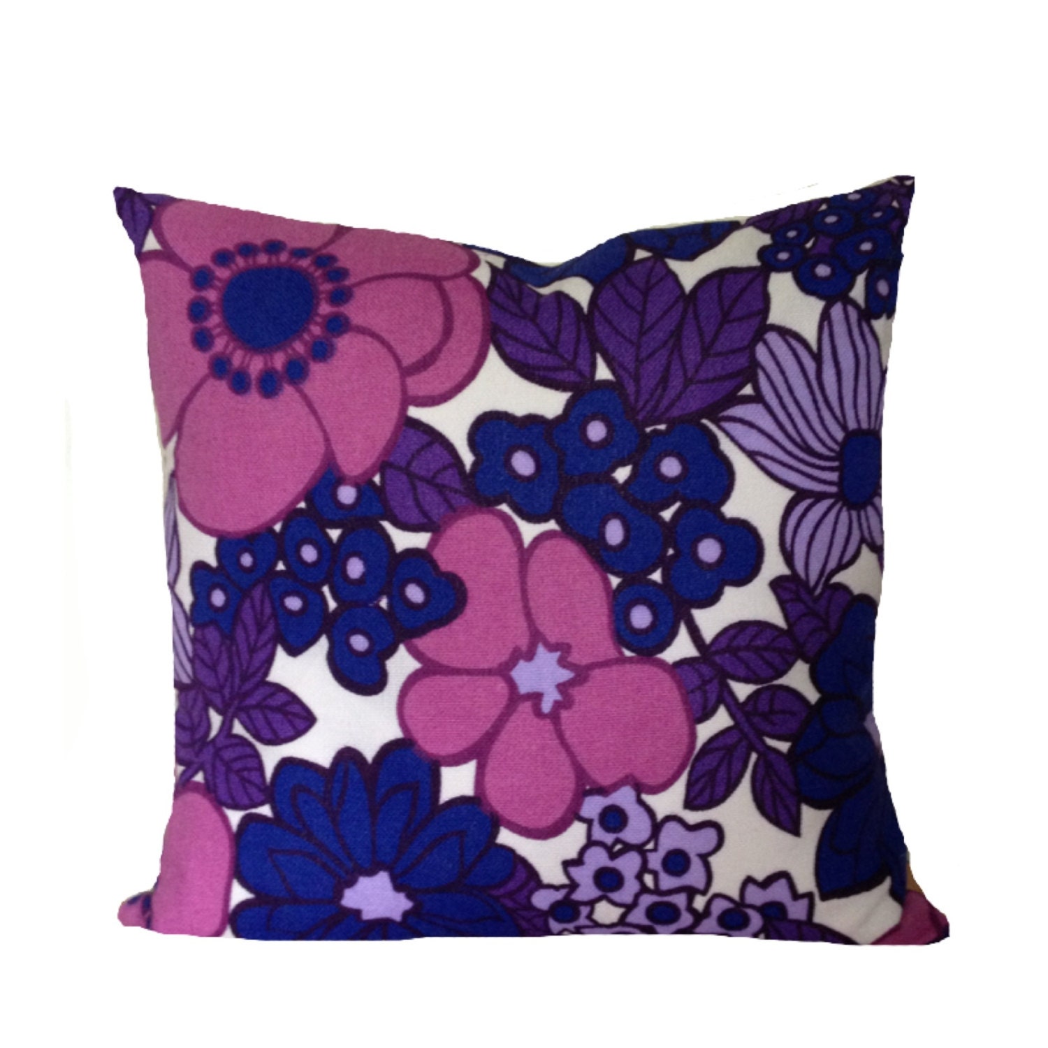 Vintage 1970s Purple Flower Power  Cushion Cover, Original Vintage & Organic Cotton Fabric, 18" x 18"