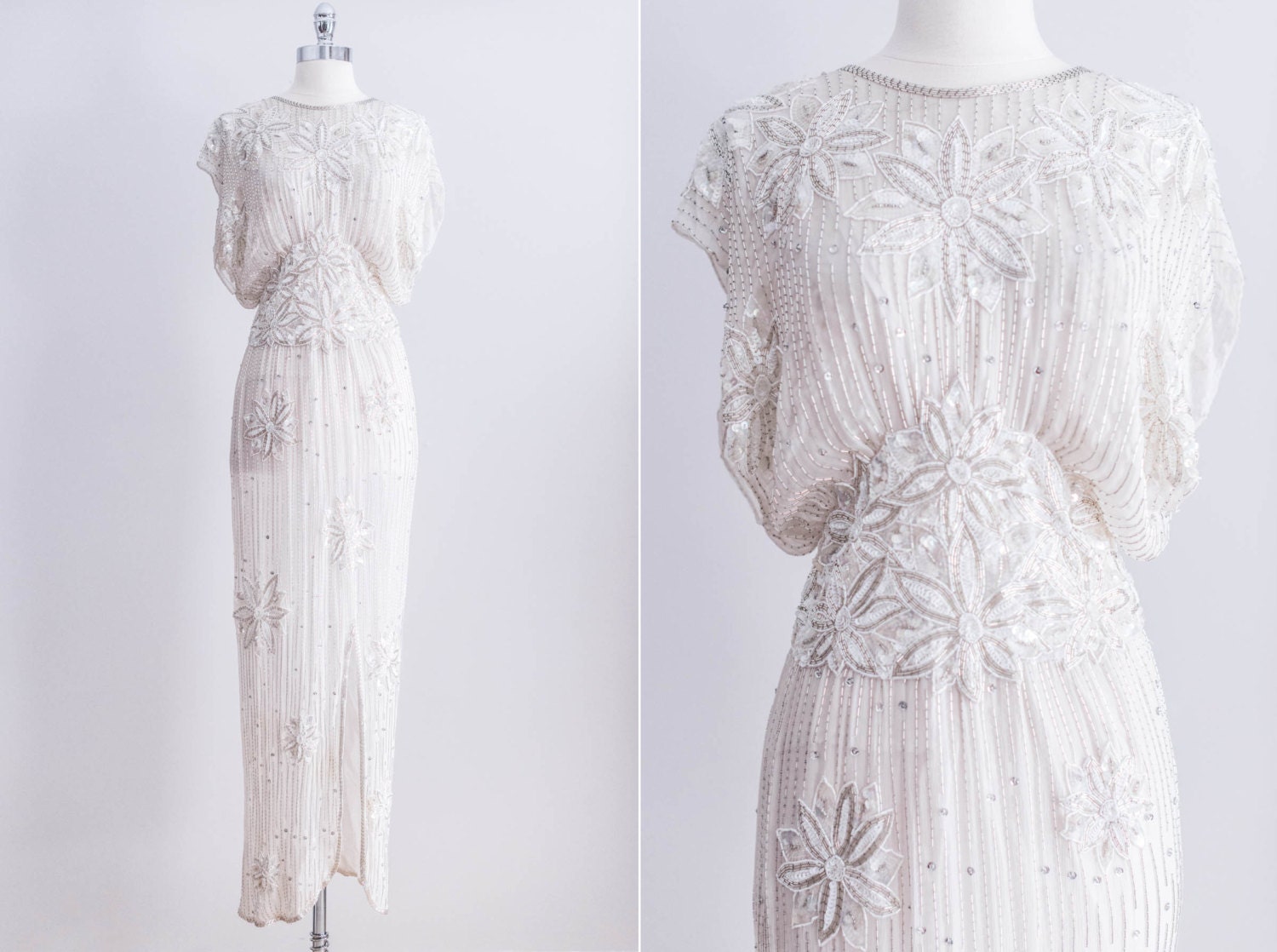RESERVED NEW LISTING 1980's Silk Beaded Dropped Waist Flutter Sleeves Wedding Gown