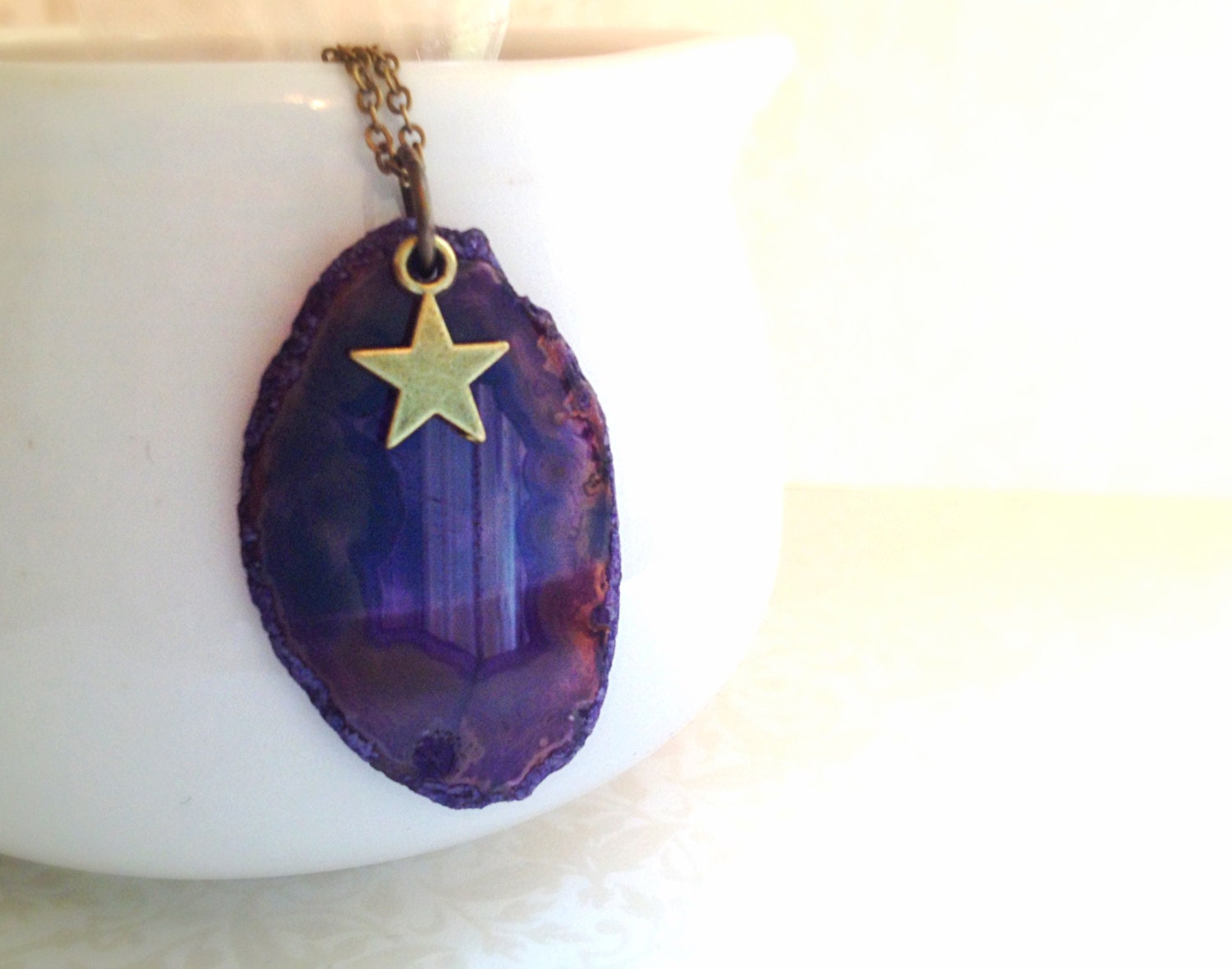Purple Agate Slice Necklace. Minimalist. Natural Glass. Stone Jewelry. Brass Chain. Rustic. Star Charm. Wishing Star. Boho. Summer.