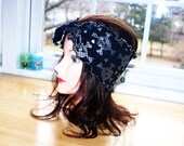 Heart Skull Headband / Heart Skull Head Wrap / Black Ruffled Edge 50s Style Silver Skull Head Scarf / Rockabilly Swing Women's Accessory