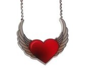 Tattoo Heart Necklace, Winged Heart Rockabilly Jewelry, Laser Cut