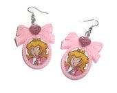 Princess Peach Earrings, Kawaii Pink Cameo, Super Mario Brothers, Gaming