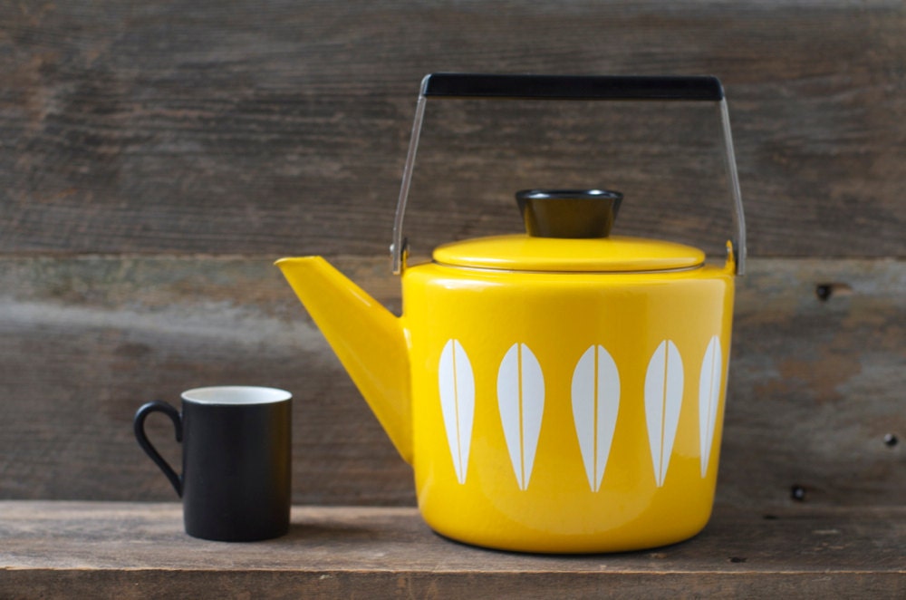 Mint Rare Cathrineholm Enamelware Yellow Lotus Design Teapot - Mid Century